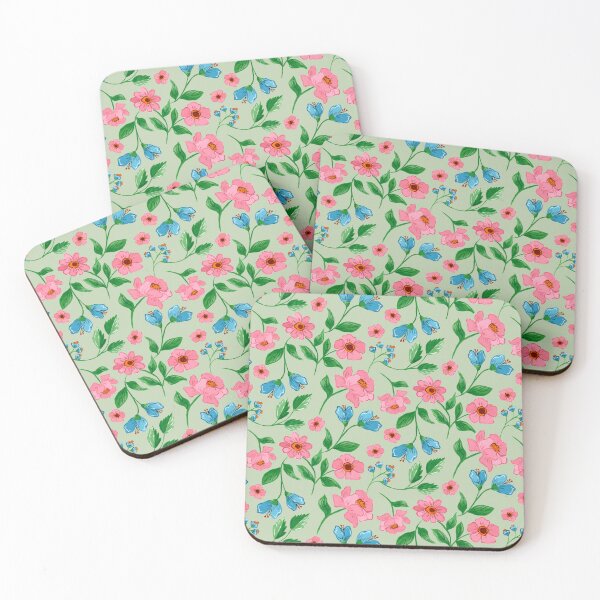 Item preview, Hand painted painterly gouache pink flowers and blue flowers on a light green background designed and sold by JasmineGDesigns.
