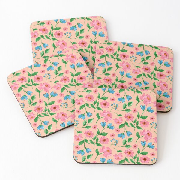 Item preview, Hand painted painterly gouache pink flowers and blue flowers on a peach fuzz background designed and sold by JasmineGDesigns.