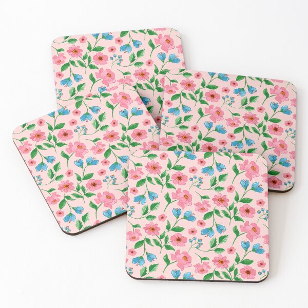 Item preview, Hand painted painterly gouache pink flowers and blue flowers on a light pink background designed and sold by JasmineGDesigns.