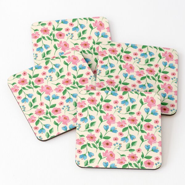 Item preview, Hand painted painterly gouache pink flowers and blue flowers on a light yellow background designed and sold by JasmineGDesigns.