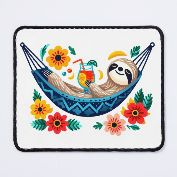 Item preview, Scandinavian Folk Art cute Sloth relaxing in a hammock with a tropical cocktail by heidiannemorris designed and sold by FOLK ART FUSION by heidiannemorris.