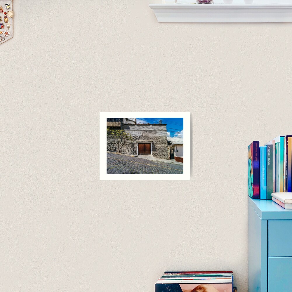 Steep cobblestone street with block house garage, Quito, Ecuador Art Print