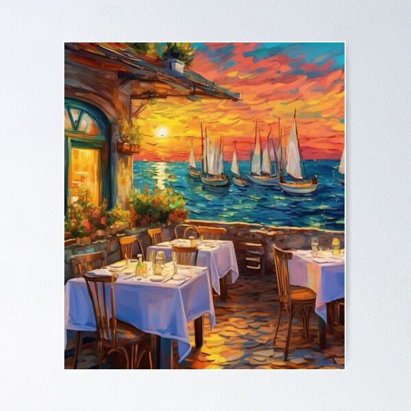 Item preview, "Seaside Serenity: A Cozy Restaurant by the Sea" designed and sold by Artisticanvas.