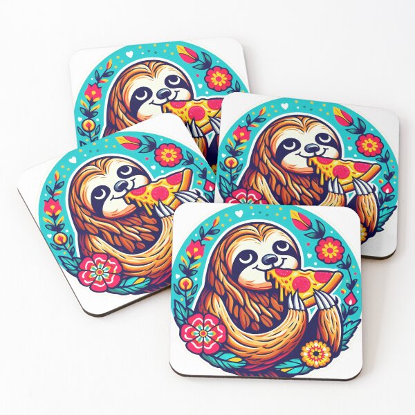 Item preview, Scandinavian Folk Art cute three toed Sloth eating pizza by heidiannemorris designed and sold by FOLK ART FUSION by heidiannemorris.