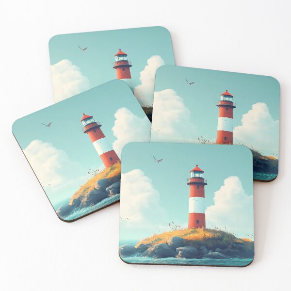 Item preview, Red and white lighthouse on a small island, peaceful scene. designed and sold by MystiS.