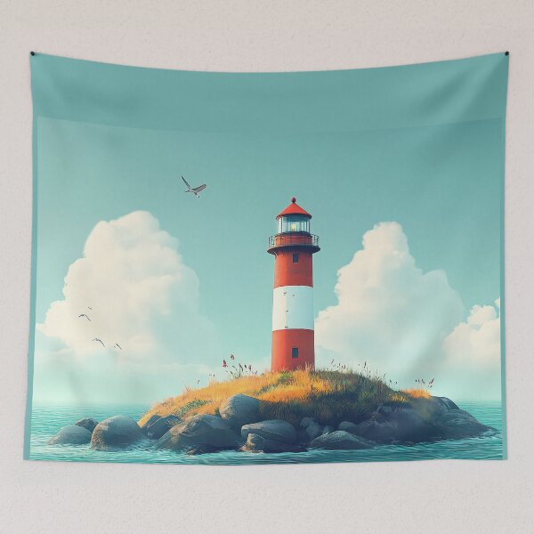 Item preview, Red and white lighthouse on a small island, peaceful scene. designed and sold by MystiS.