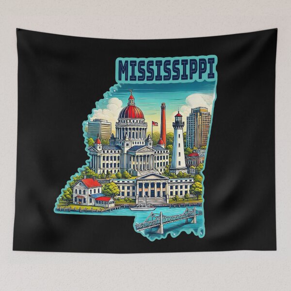 Item preview, Mississippi State Map USA Skyline and Landmarks Illustration- travel souvenir art designed and sold by Unitepeople.