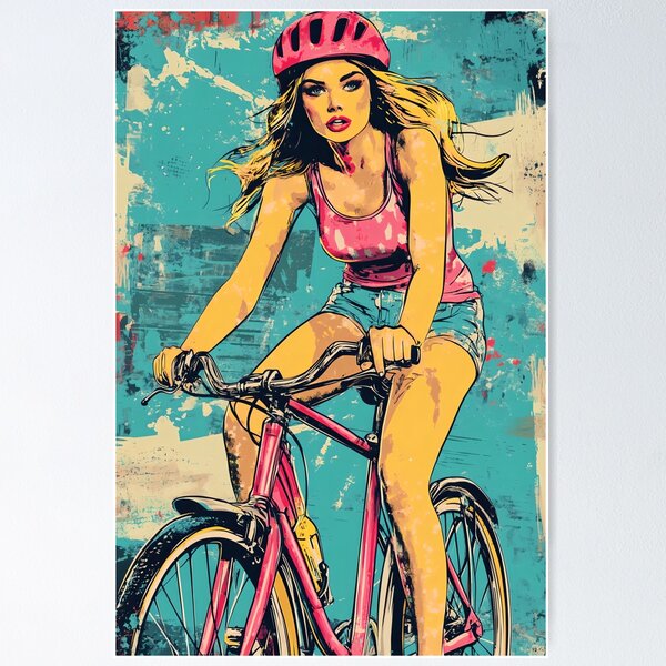Woman with tank top shorts on a bicycle, colorful in pop art