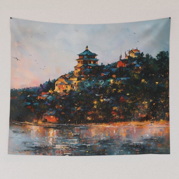 Item preview, Lakeside Pagoda at Sunset  designed and sold by ArtsyWishesShop.