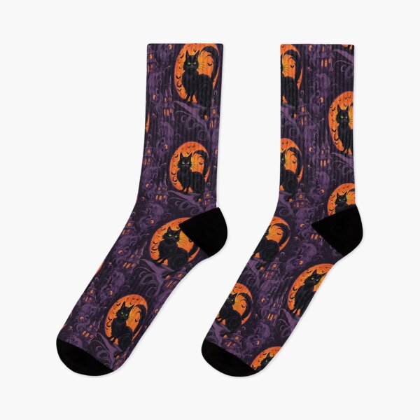 Item preview, Black Halloween Cat with Orange Moon and Bats designed and sold by BirdsnStuff.