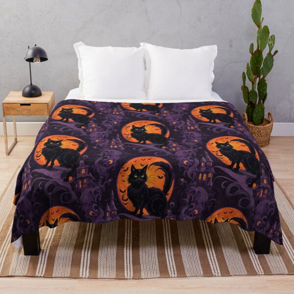 Item preview, Black Halloween Cat with Orange Moon and Bats designed and sold by BirdsnStuff.