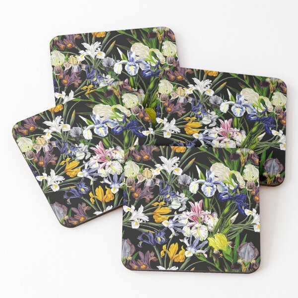 Item preview, Estampado de flores de iris victoriano Jardín botánico nocturno sobre fondo negro NightGarden designed and sold by UtArt.