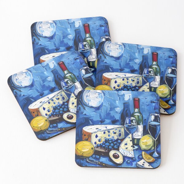 Item preview, Abstract Vibrant Still Life with Blue Cheese, Grapes, Pear, Avocado, and Wine Bottle Generative AI designed and sold by OlfactoART Studio.