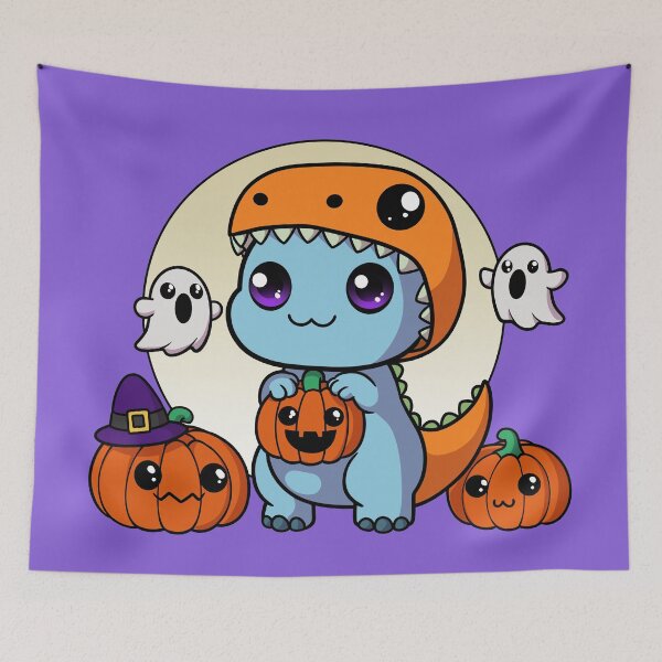 Item preview, Kawaii Dinosaur Halloween Costume - Cute Pumpkin and Ghost Illustration designed and sold by DinoTropolis.