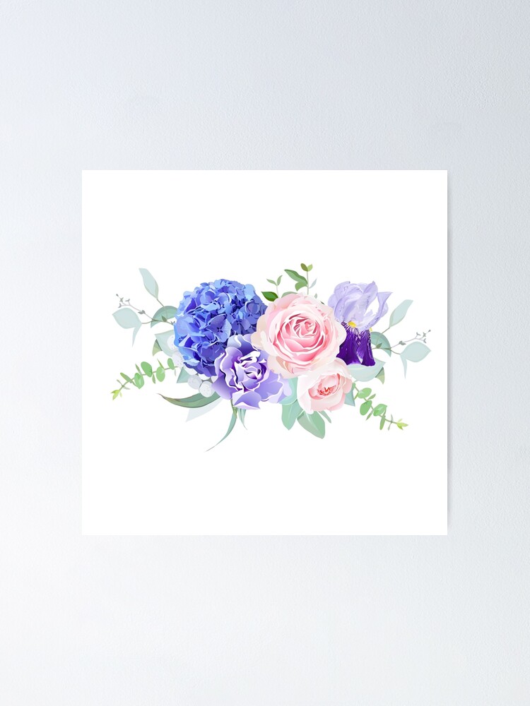 Póster «Hortensia violeta, azul y púrpura, rosa, iris, clavel» de  lavendertime | Redbubble