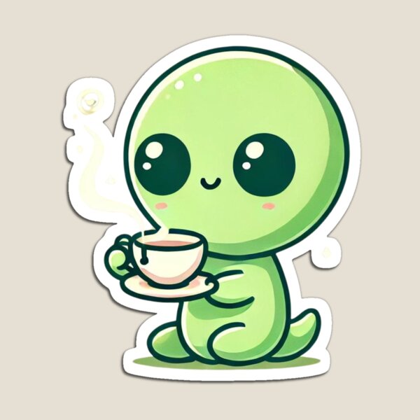 Aperçu de l'œuvre Adorable dessin animé d'un extraterrestre sirotant du thé | Créature spatiale mignonne Art minimaliste pour les amateurs de science-fiction créée et vendue par tizzime.