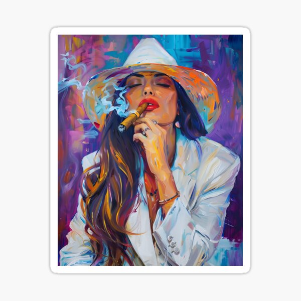 Item preview, Portrait of Woman in White Suit and Hat Smoking Cigar with Vibrant Swirling Colors - Bold Visual Art Generative AI designed and sold by OlfactoART Studio.