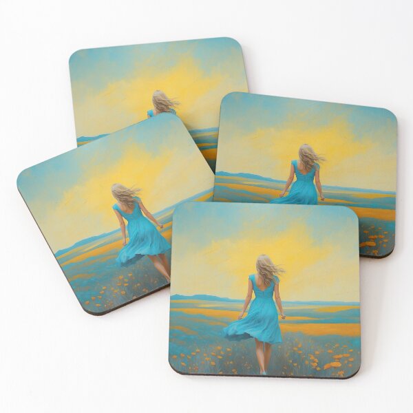Item preview, Vivid painting of Girl in blue dress walking towards sunset designed and sold by UmagineArts.