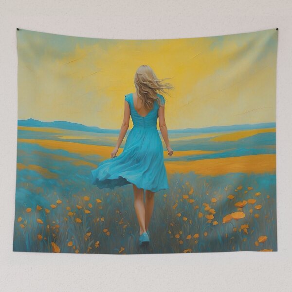 Item preview, Vivid painting of Girl in blue dress walking towards sunset designed and sold by UmagineArts.