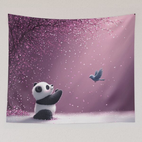 Item preview, Fluffy Panda Playing with Bird in Pastel Purple Garden designed and sold by PaintbrushPlace.
