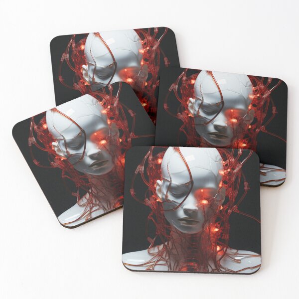 Item preview, Cybernetic Awakening: Glowing Red Cables in a Futuristic Humanoid designed and sold by BeefStroganof.