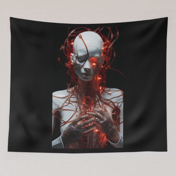 Item preview, Cybernetic Awakening: Glowing Red Cables in a Futuristic Humanoid designed and sold by BeefStroganof.