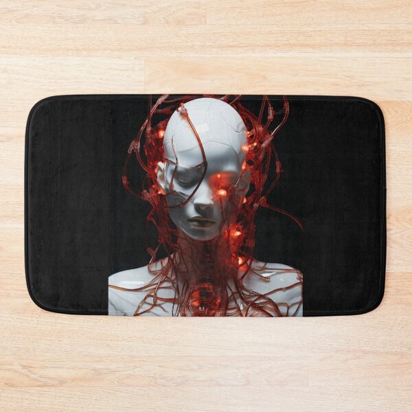 Item preview, Cybernetic Awakening: Glowing Red Cables in a Futuristic Humanoid designed and sold by BeefStroganof.