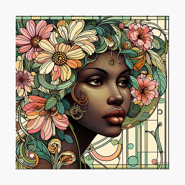 Aperçu de l'œuvre Femme de printemps Art Nouveau (Fleurs d'Afrique) créée et vendue par HeySpera.