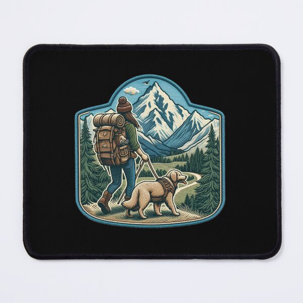 Item preview, Woman hikes through the mountains with her dog by her side. designed and sold by VisualHut.