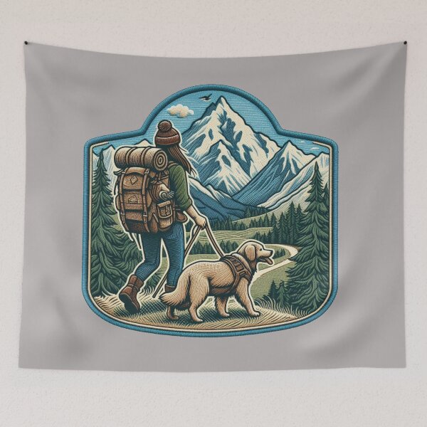 Item preview, Woman hikes through the mountains with her dog by her side. designed and sold by VisualHut.