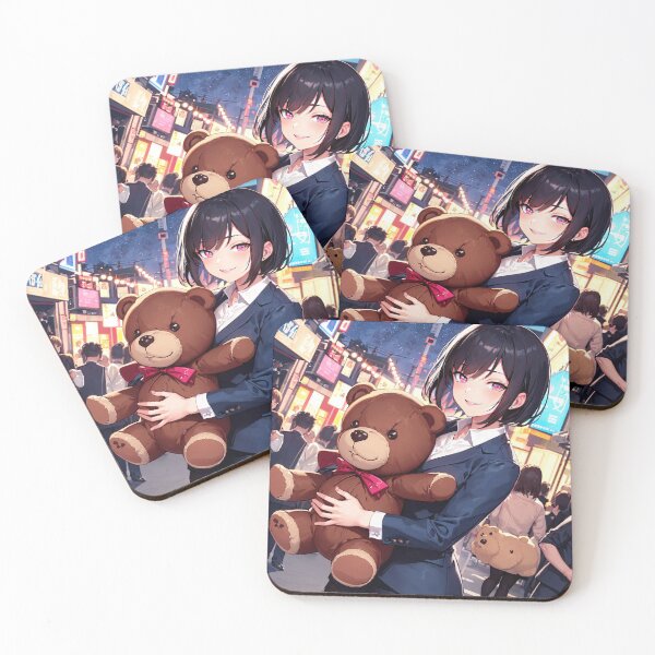 Item preview, Anime girl with teddy bear in city at night portrait art designed and sold by TheArtistOf2022.