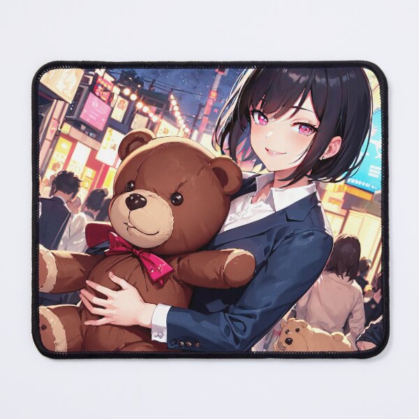 Item preview, Anime girl with teddy bear in city at night portrait art designed and sold by TheArtistOf2022.
