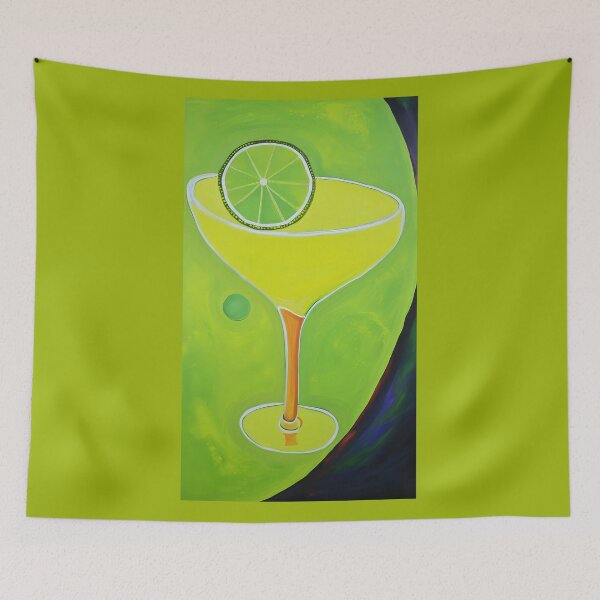 Item preview, Margarita Cocktail Glass with Bright Yellow Drink and Lime Slice on Vibrant Background Abstract Modern Art designed and sold by OlfactoART Studio.