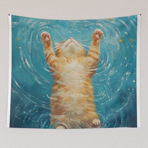 Item preview, orange cat playing with water ripples designed and sold by FamousArtDesign.