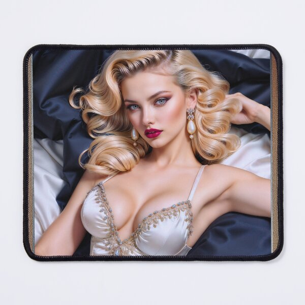 Item preview, An Elegant Pin Up Girl In A White Satin Dress Reclining On A Luxurious Bed Gorgeous AI Concept Art by Xzendor7 designed and sold by Xzendor7 Digital Art Creations.
