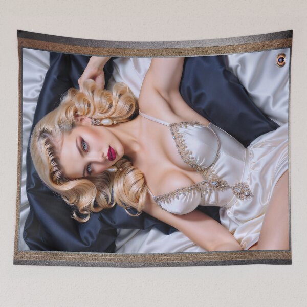 Item preview, An Elegant Pin Up Girl In A White Satin Dress Reclining On A Luxurious Bed Gorgeous AI Concept Art by Xzendor7 designed and sold by Xzendor7 Digital Art Creations.