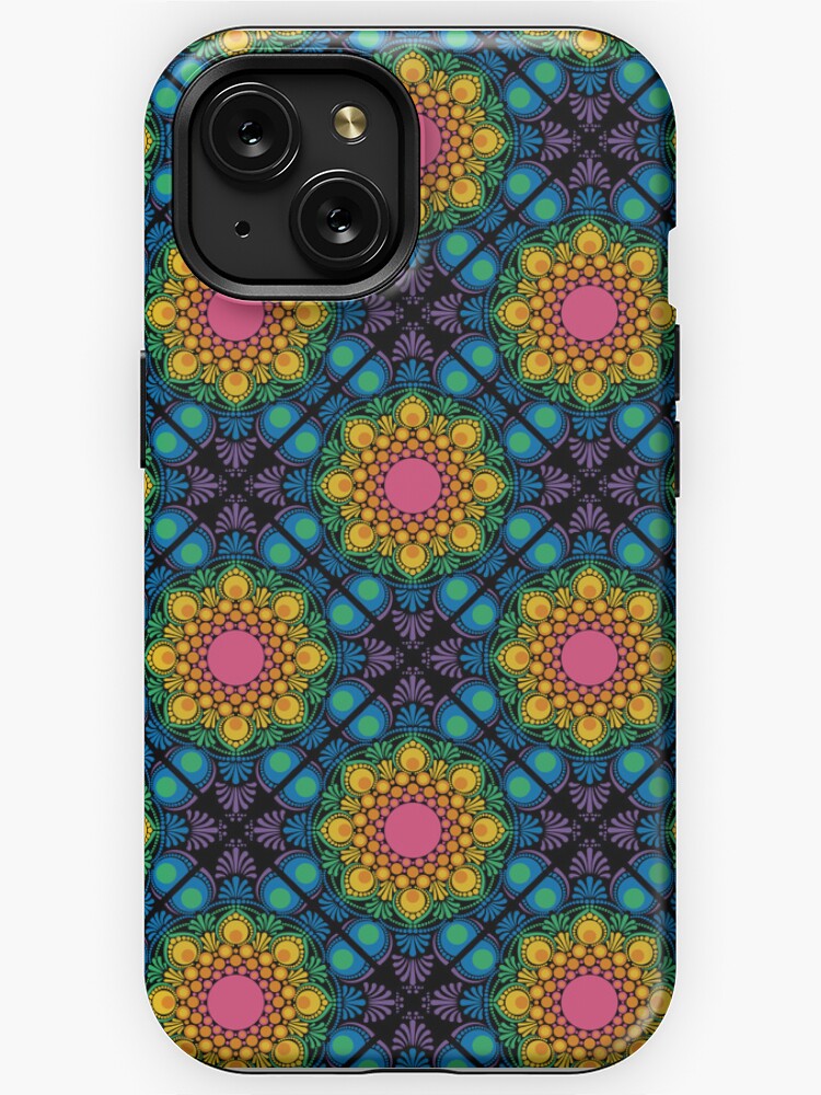 iPhone Case, Black Maximalist Rainbow Floral Fountain Diamond Tile designed and sold by Triplicate Limited