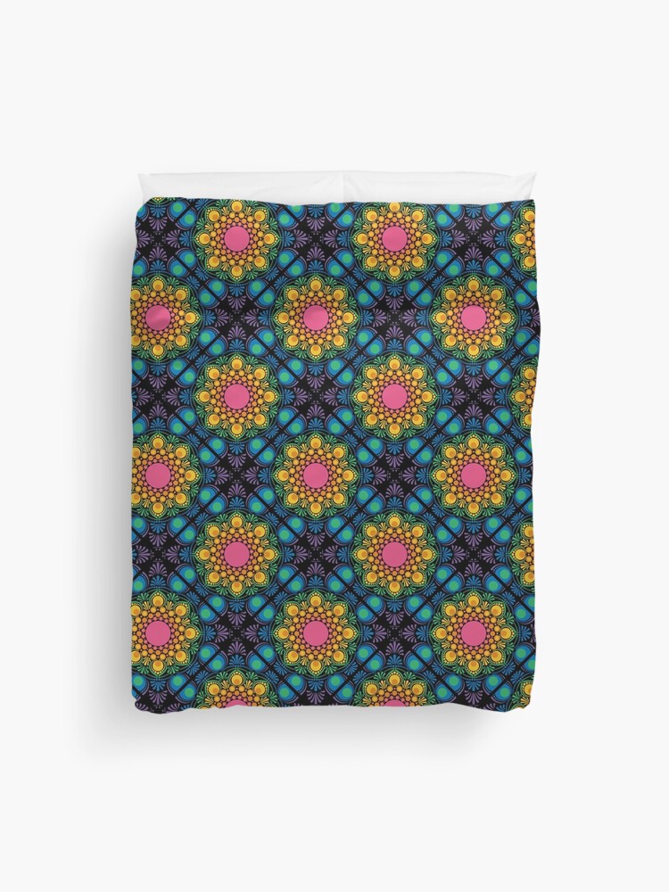 Duvet Cover, Black Maximalist Rainbow Floral Fountain Diamond Tile designed and sold by Triplicate Limited