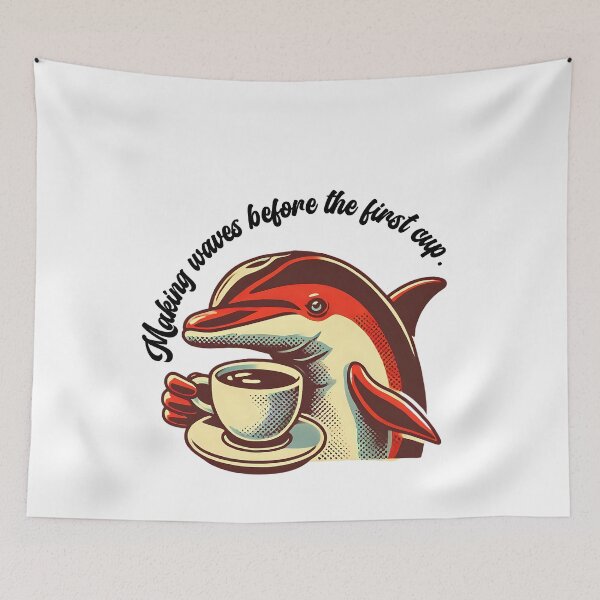 Item preview, Dolphin Barista Saying "Making Waves Before the First Cup" Animal Cafe Design designed and sold by Szymon Wangler.