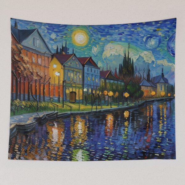 Item preview, Impressionist Van Gogh inspired houses on a canal designed and sold by rolffimages.