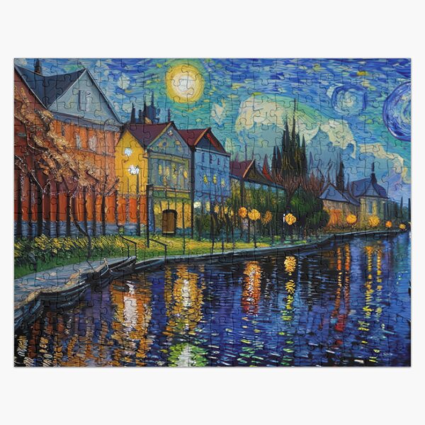 Item preview, Maisons au bord d'un canal inspirées par l'impressionnisme de Van Gogh designed and sold by rolffimages.