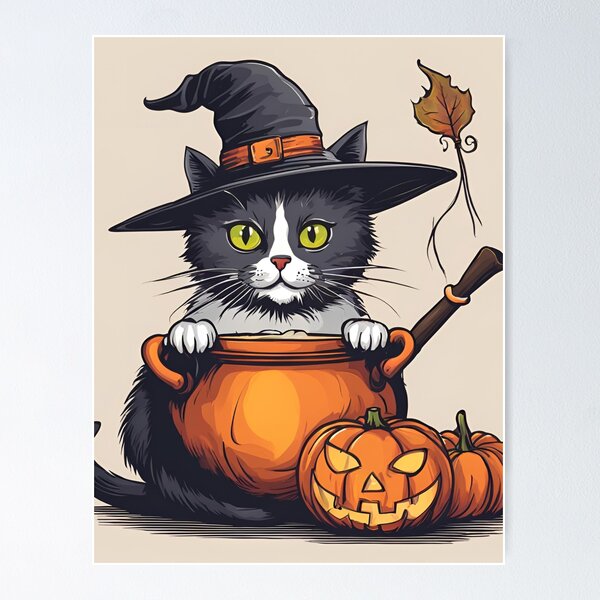 Item preview, Tuxedo cat wearing a hat on a pumpkin designed and sold by CelticAtelier.