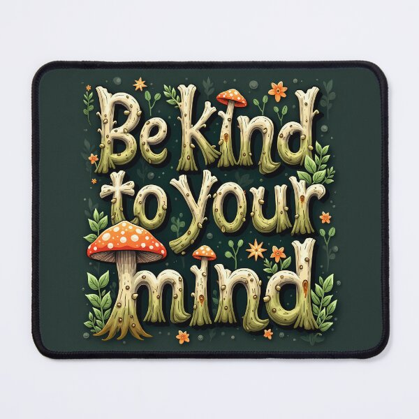 Item preview, "Be kind to your mind" forest theme motivational mental health quote goblincore forestry cottagecore aesthetic cheerful positivity designed and sold by Fantasy Cache.