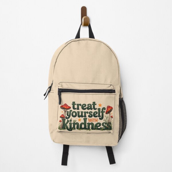 Item preview, "Treat yourself with Kindness" mental health motivational quote goblincore forestcore cottagecore forest theme red mushroom designed and sold by Fantasy Cache.