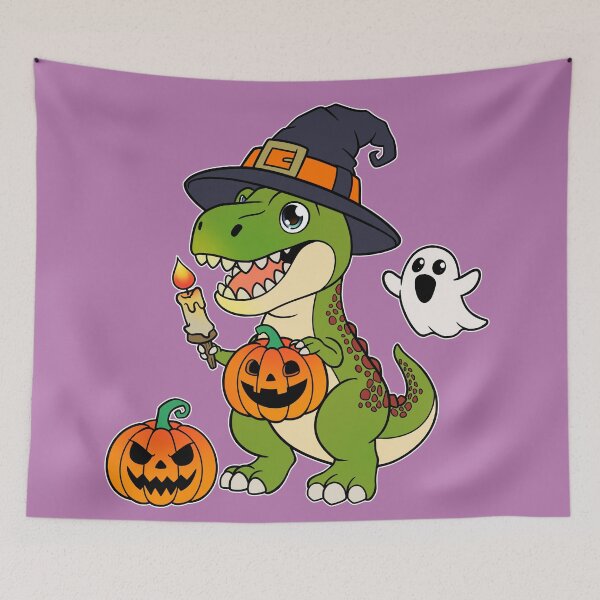 Item preview, Witch Hat Dinosaur Halloween - Kawaii Dino with Pumpkin and Ghosts Illustration designed and sold by DinoTropolis.