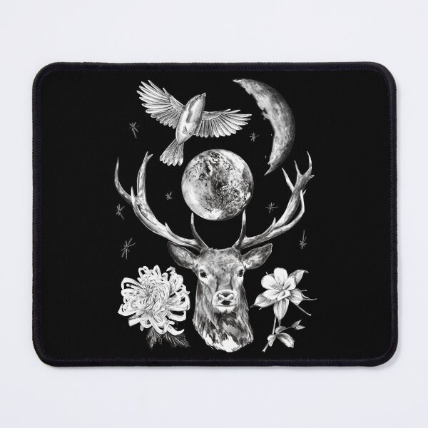 Item preview, Hand-drawn Charcoal Artwork of Deer Antlers Surrounded by Stars, Birds, Flowers, and the Moon designed and sold by Pandositive.