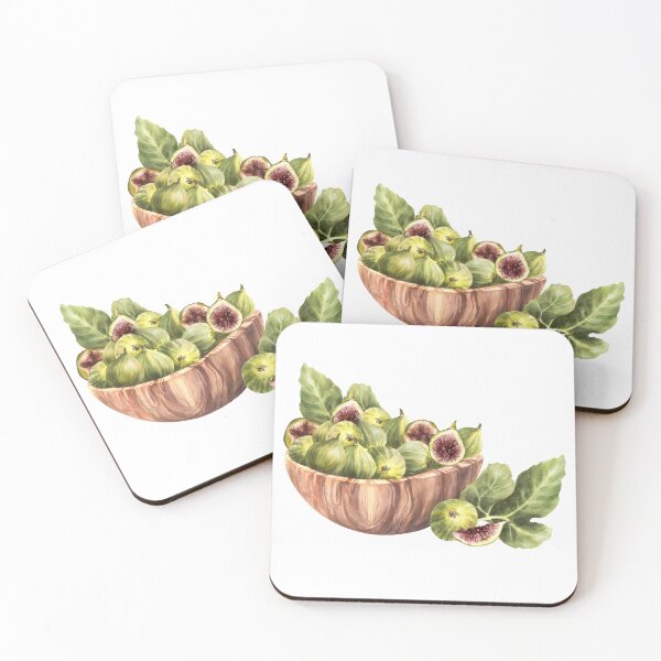 Item preview, Hand drawn figs fruit with leaves in wooden bowl. Food, plant harvest. Watercolor illustration designed and sold by BartolArt.