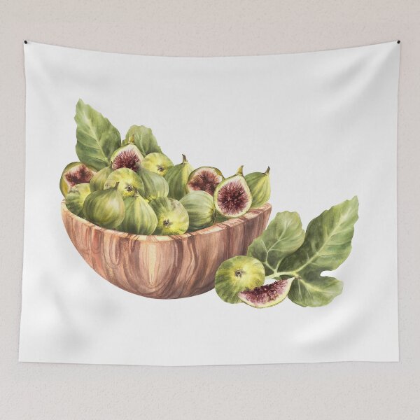 Item preview, Hand drawn figs fruit with leaves in wooden bowl. Food, plant harvest. Watercolor illustration designed and sold by BartolArt.