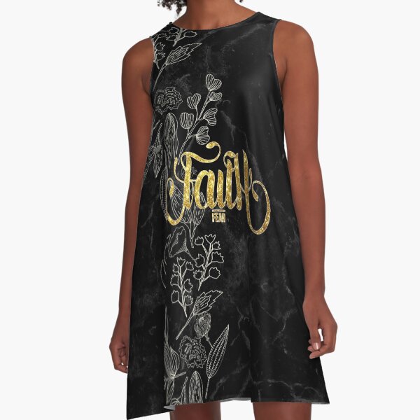 Christian Quote - Faith Over Fear - Elegant Floral - Gold And Marble A-Line Dress