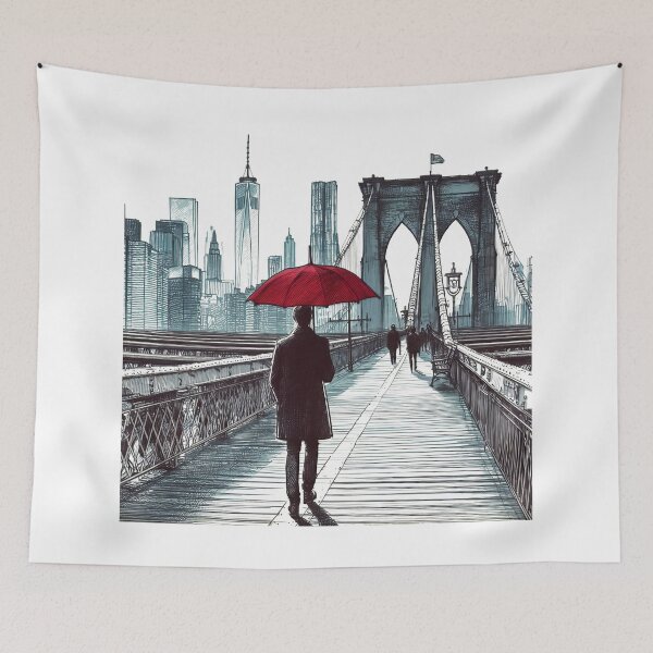 Item preview, Man with Red Umbrella near the Brooklyn Bridge (Ink Design) designed and sold by Ink Designs.